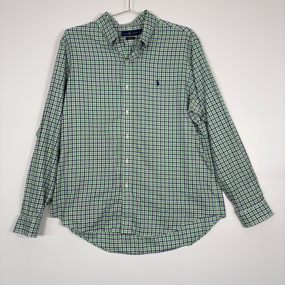 Ralph Lauren Mens Button Down Shirt XL Green Blue Plaid Slim Fit Non-Iron Cotton